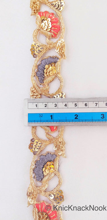 Hand Embroidered Lace Trim In Grey and Orange Floral Embroidery, Gold Sequins and Antique Gold Zardozi, Wedding